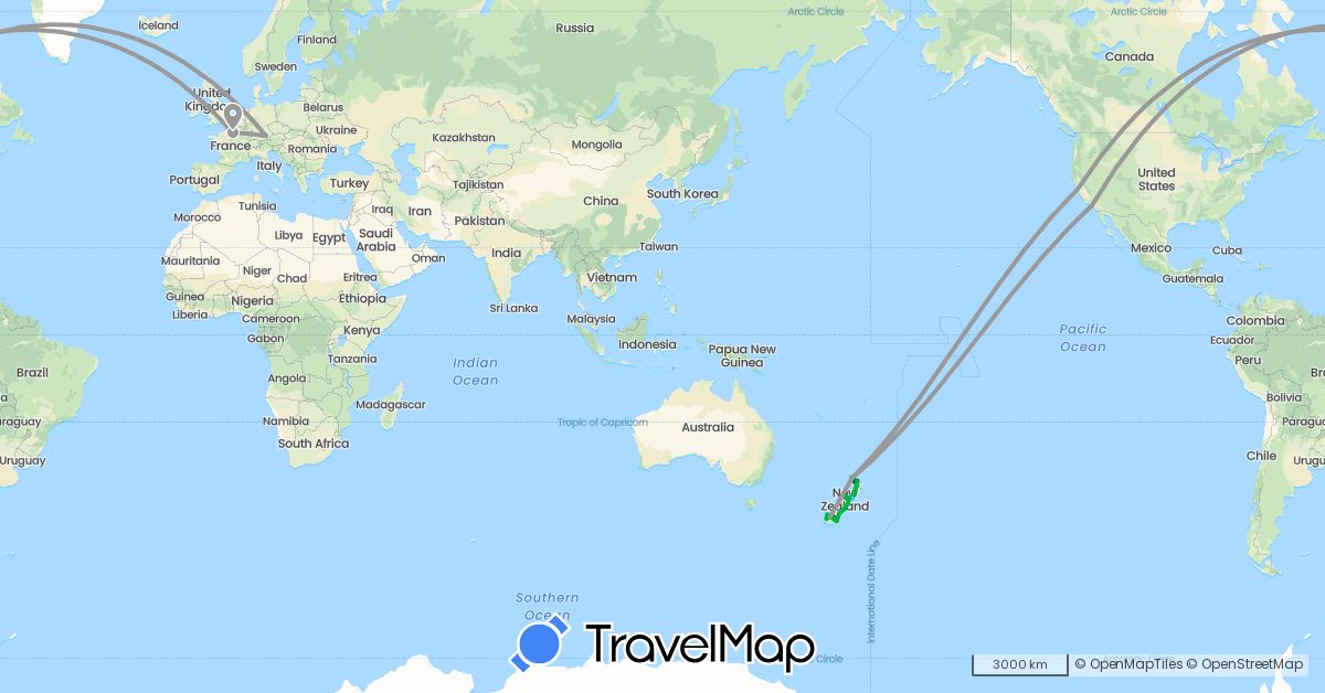 TravelMap itinerary: driving, bus, plane, cycling, hiking, boat, electric vehicle in Germany, France, New Zealand, United States (Europe, North America, Oceania)